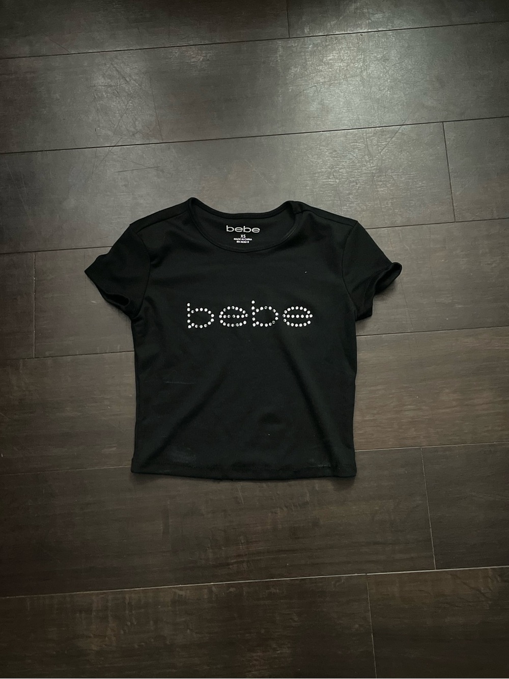 bebe Black Short Sleeve Rhinestone Logo Tee